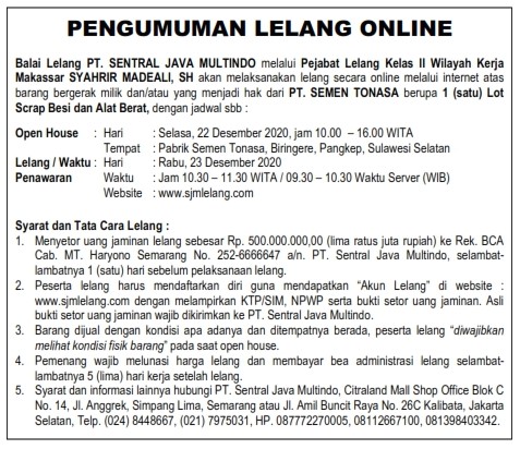 Iklan Lelang PT. Semen Tonasa Des. 2020